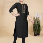 Women’s Solid Embroidred Cotton Black Blend Kurta, Pant and Organza Dupatta Set