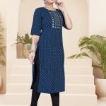 Women’s Solid Embroidred Cotton Blue Blend Kurta, Pant and Organza Dupatta Set