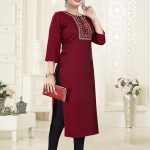 Women’s Solid Embroidred Cotton Maroon Blend Kurta, Pant and Organza Dupatta Set
