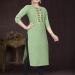 Women’s Solid Embroidred Cotton Light Green Blend Kurta, Pant and Organza Dupatta Set