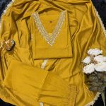YELLOW HANDWORK SILK SUIT WITH DIAMOND WORK DUPATTA