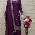 WINE NEW LUNCH SPECIAL DESIGNER CHINON SILK EMBROIDERY WORK TOP PLAZO WITH DUPATTA