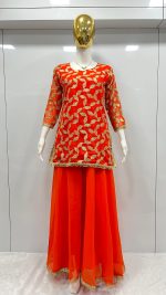 ORANGE NEW LUNCH DESIGNER SEQUENCE EMBROIDERED WORK TOP AND LEHENGA WITH DUPATTA - Image 4