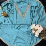 SKY BLUE HANDWORK SILK SUIT WITH DIAMOND WORK DUPATTA