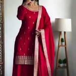 RED KARVA CHAUTH SPECIAL DESIGNER CHINON SILK EMBROIDERY WORK TOP PLAZO WITH DUPATTA