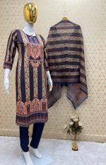 NEVY BLUE RAYON PRINTED TOP AND PANT WITH PRINTED DUPATTA - Image 3