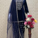 BLUE STYLEYLISH VELVET SEQUENCE EMBROIDERY WORK SUIT PANT WITH DUPATTA