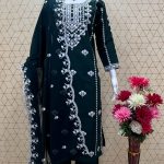 DARK GREEN NEW LUNCH DESIGNER SEQUENCE EMBROIDERED WORK TOP AND PANT WITH DUPATTA