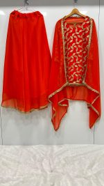 ORANGE NEW LUNCH DESIGNER SEQUENCE EMBROIDERED WORK TOP AND LEHENGA WITH DUPATTA - Image 3