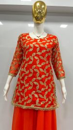 ORANGE NEW LUNCH DESIGNER SEQUENCE EMBROIDERED WORK TOP AND LEHENGA WITH DUPATTA - Image 2
